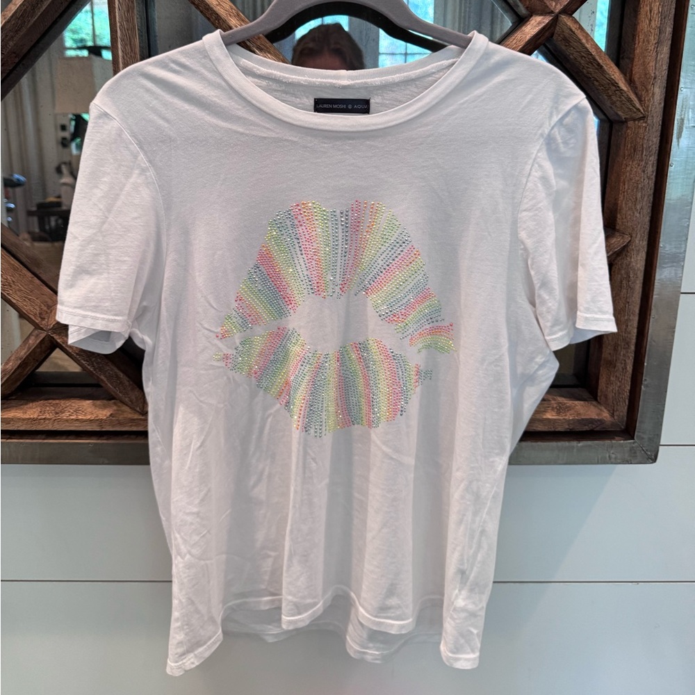 Lauren Moshi White Tee with Rainbow Lips